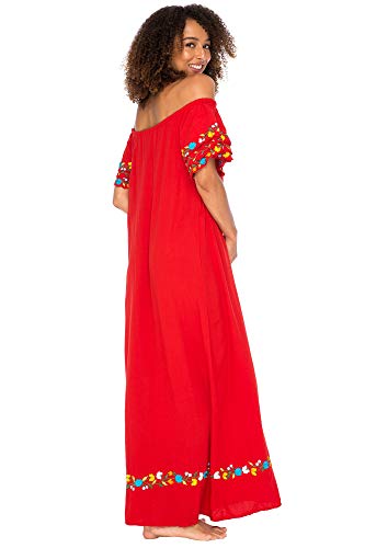 Womens Off Shoulder Long Mexican Embroidered Dress Maxi Boho Floral Summer Peasant Dress