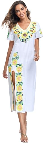 Women Mexican Embroidered Dress V Neck Sexy Maxi Short Sleeve Casual Beach Split Dress