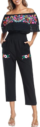 Women's Mexican Floral Embroidered Jumpsuits Casual Lace Short Sleeves Pants with Two Pockets