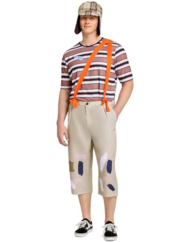 Mexican TV Cosplay Costume for Adult Men, Patchwork Overalls Suit Set with Striped T-shirt Hat for Halloween Party Outfit