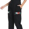 Women's Mexican Floral Embroidered Jumpsuits Casual Lace Short Sleeves Pants with Two Pockets