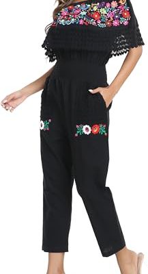 Women's Mexican Floral Embroidered Jumpsuits Casual Lace Short Sleeves Pants with Two Pockets