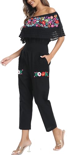 Women's Mexican Floral Embroidered Jumpsuits Casual Lace Short Sleeves Pants with Two Pockets