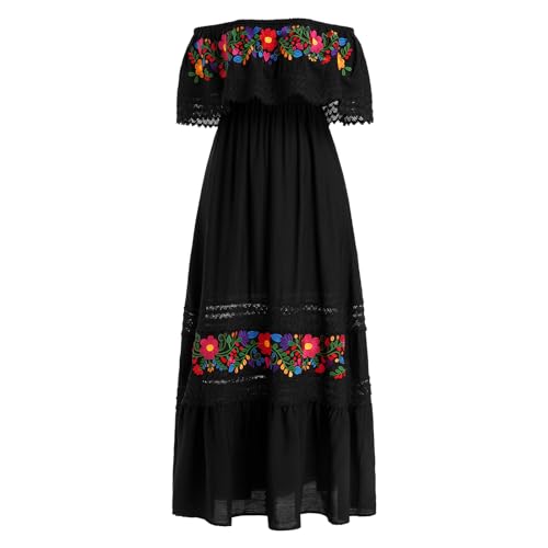 Mexican Dress for Women Traditional Off Shoulder Embroidered Present Casual Lace Long Maxi Dress Cinco de Mayo Outfit