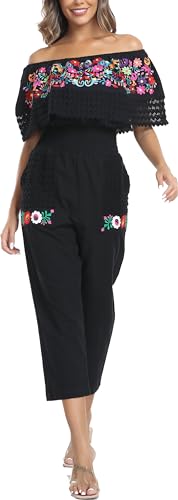 Women's Mexican Floral Embroidered Jumpsuits Casual Lace Short Sleeves Pants with Two Pockets