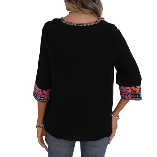 Mexican Embroidered Tops for Women Boho Floral 3/4 Sleeve Peasant Blouses Summer Casual Boho Clothes Hippie Shirt