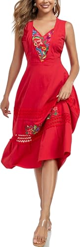Women's Mexican Dress Floral Embroidered Casual Lace Ruffle Maxi Dress