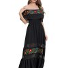 Mexican Dress for Women Floral Embroidery Maxi Off-Shoulder Ruffle Sleeveless Traditional Fiesta Dresses