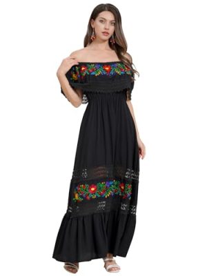 Mexican Dress for Women Floral Embroidery Maxi Off-Shoulder Ruffle Sleeveless Traditional Fiesta Dresses