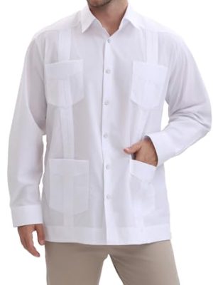 Men's Guayabera Shirts for Men Long Sleeve Cuban Snap Button Shirts Mexican Guayabera Shirts with Four Pockets