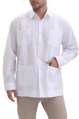 Men's Guayabera Shirts for Men Long Sleeve Cuban Snap Button Shirts Mexican Guayabera Shirts with Four Pockets