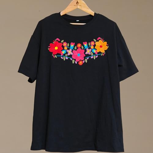 Women's Mexican Shirts Embroidered Oversized T Shirt Boho Floral Tee Vintage Flowers Graphic Tee Tops