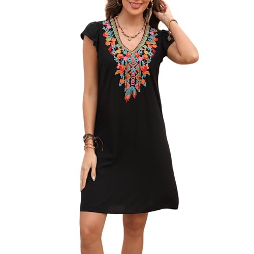Slim Women’s Mexican Embroidered Dress Fiesta, Ruffle Sleeve Boho Dresses Sleeveless Traditional Floral Sundress