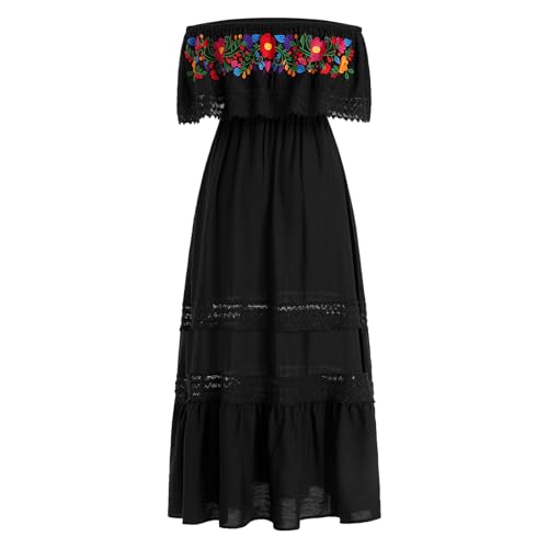 Mexican Dress for Women Traditional Off Shoulder Embroidered Present Casual Lace Long Maxi Dress Cinco de Mayo Outfit