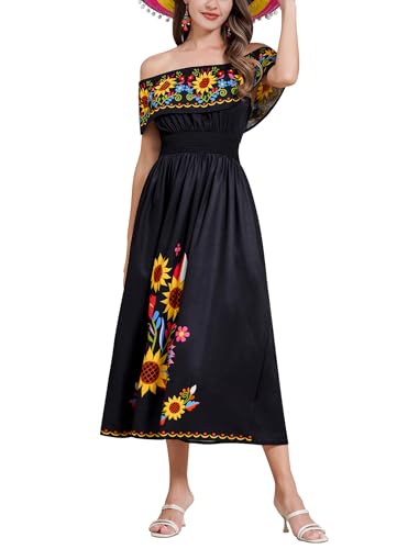 Women's Mexican Floral Dress Traditional Off Shoulder Flower Print Smocked Cinco De Mayo Midi Dress