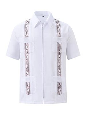 Men's Short Sleeve Guayabera Shirts for Men Cuban Zipper Casual Cotton Beach Tops with Pockets