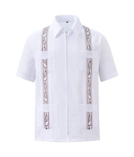 Men's Short Sleeve Guayabera Shirts for Men Cuban Zipper Casual Cotton Beach Tops with Pockets