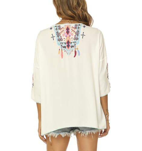 Mexican Embroidered Tops for Women Traditional Boho Tunics Bohemian Shirts Plus Size Peasant Clothes Blouses