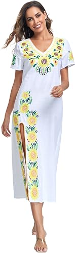 Women Mexican Embroidered Dress V Neck Sexy Maxi Short Sleeve Casual Beach Split Dress