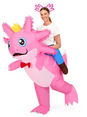 Inflatable Axolotl Costume for Kids Adult, Funny Halloween Ride on Axolotl Blow Up Costumes with Headband for Women