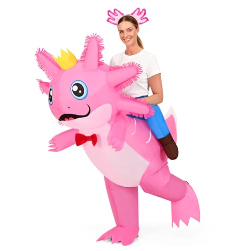 Inflatable Axolotl Costume for Kids Adult, Funny Halloween Ride on Axolotl Blow Up Costumes with Headband for Women