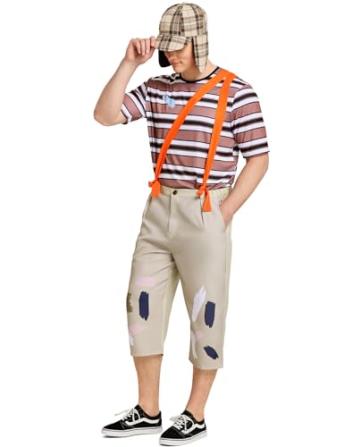 Mexican TV Cosplay Costume for Adult Men, Patchwork Overalls Suit Set with Striped T-shirt Hat for Halloween Party Outfit