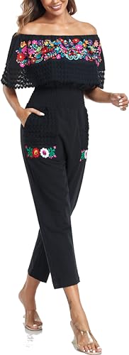 Women's Mexican Floral Embroidered Jumpsuits Casual Lace Short Sleeves Pants with Two Pockets