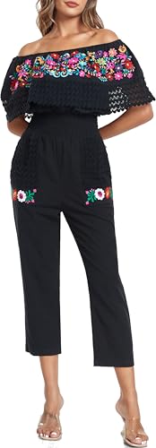 Women's Mexican Floral Embroidered Jumpsuits Casual Lace Short Sleeves Pants with Two Pockets