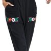 Women's Mexican Floral Embroidered Jumpsuits Casual Lace Short Sleeves Pants with Two Pockets