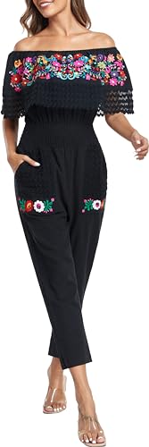 Women's Mexican Floral Embroidered Jumpsuits Casual Lace Short Sleeves Pants with Two Pockets