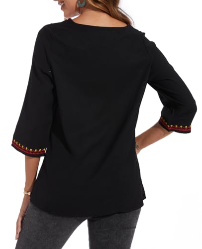Women's 3/4 Sleeve Mexican Shirts Embroidered Tops Floral Boho Peasant Blouse Ethnic Style Casual Loose Tunics