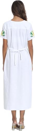 Women Mexican Embroidered Dress V Neck Sexy Maxi Short Sleeve Casual Beach Split Dress