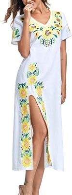 Women Mexican Embroidered Dress V Neck Sexy Maxi Short Sleeve Casual Beach Split Dress