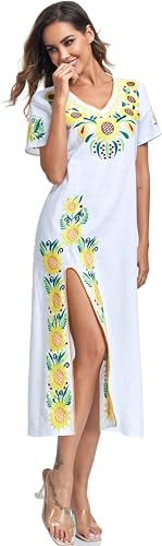 Women Mexican Embroidered Dress V Neck Sexy Maxi Short Sleeve Casual Beach Split Dress