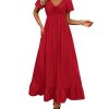 Womens Spring Dresses 2025 Casual Short Sleeve V Neck Drawstring Wedding Guest Maxi Dresses Boho Beach Long Dress