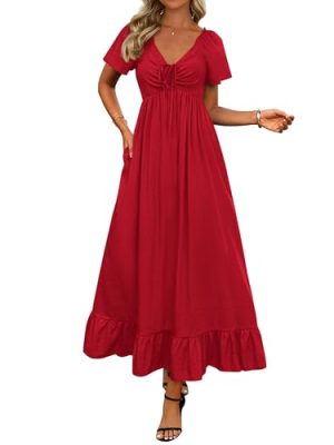 Womens Spring Dresses 2025 Casual Short Sleeve V Neck Drawstring Wedding Guest Maxi Dresses Boho Beach Long Dress