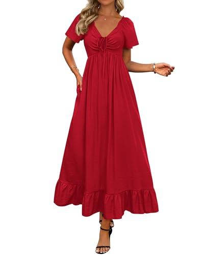 Womens Spring Dresses 2025 Casual Short Sleeve V Neck Drawstring Wedding Guest Maxi Dresses Boho Beach Long Dress
