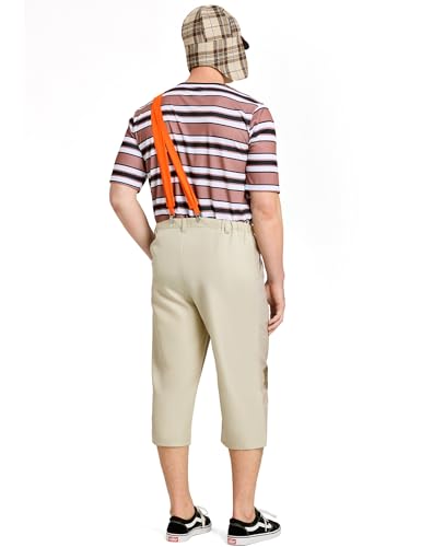 Mexican TV Cosplay Costume for Adult Men, Patchwork Overalls Suit Set with Striped T-shirt Hat for Halloween Party Outfit