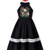 Girls Mexican Floral Embroidered Dress Halter Neck Sleeveless Ruffle Party Long Maxi Dresses