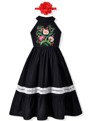 Girls Mexican Floral Embroidered Dress Halter Neck Sleeveless Ruffle Party Long Maxi Dresses