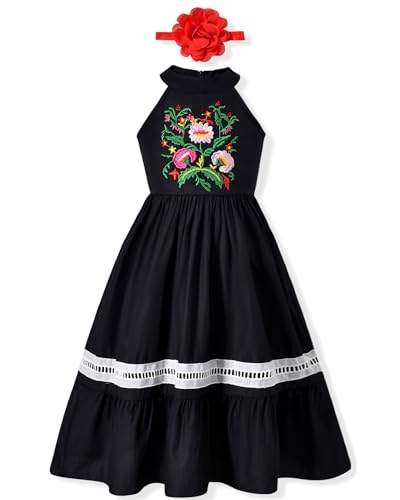 Girls Mexican Floral Embroidered Dress Halter Neck Sleeveless Ruffle Party Long Maxi Dresses