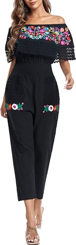 Women's Mexican Floral Embroidered Jumpsuits Casual Lace Short Sleeves Pants with Two Pockets