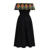 Women's Mexican Floral Dress Traditional Off Shoulder Flower Print Smocked Cinco De Mayo Midi Dress