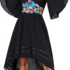 Women's Mexican Dress Casual Floral Embroidered V Neck Flowy 3/4 Sleeve Beach Sundress Cocktail Dress