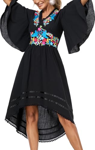 Women's Mexican Dress Casual Floral Embroidered V Neck Flowy 3/4 Sleeve Beach Sundress Cocktail Dress