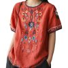 Women's Cotton Linen Tops Embroidered Short Sleeve Peasant Boho Mexican Tunic Top Festival Casual Loose T Shirt