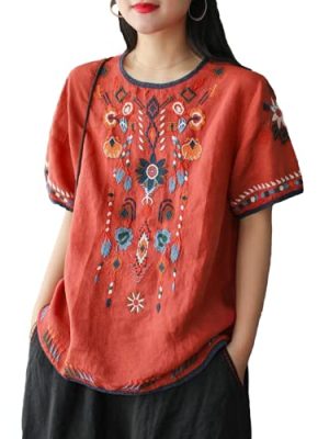 Women's Cotton Linen Tops Embroidered Short Sleeve Peasant Boho Mexican Tunic Top Festival Casual Loose T Shirt