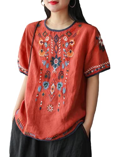 Women's Cotton Linen Tops Embroidered Short Sleeve Peasant Boho Mexican Tunic Top Festival Casual Loose T Shirt