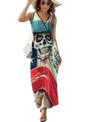 Mexican American Flag Skull Womens Casual Sleeveless Dress Maxi Long Beach Dress Sundress