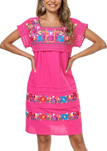 Women Embroidered Mexican Peasent Lace Short Sleeves Dress